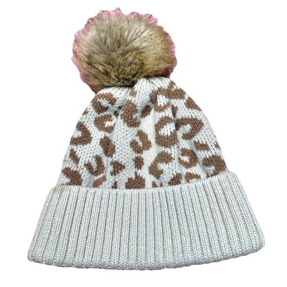 C.C. Leopard Print Knit Beanie  Faux Fur Pom Womens Winter Hat Trendy Acrylic - Picture 2 of 8